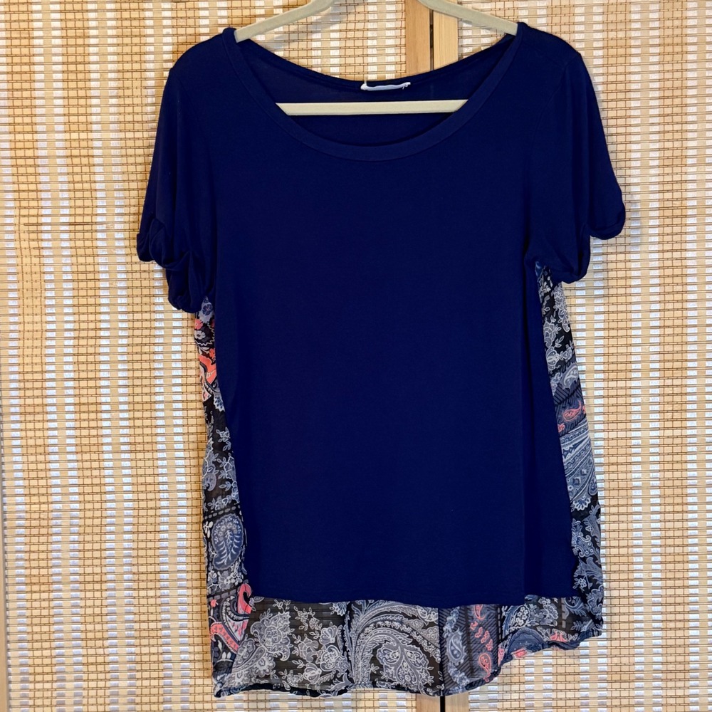 Honey Punch Womens Navy Blue Paisley Mixed Media‎ Chiffon Back Top Blouse M